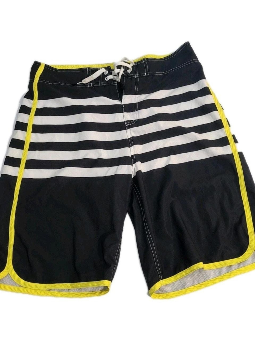 burnside Black & White Striped Swim Board Shorts with Yellow Trim